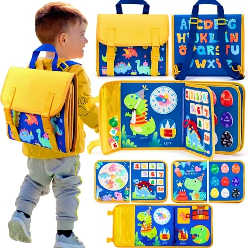 Image of PATPAT Dinosaur Toddler Busy Board Backpack, Montessori Toys for Boys Girls 1 2 3 4 Year Old, Early Educational Activity Baby Sensory Toy with Learn to Lace, Zipping, Portable Busy Board for Travel
