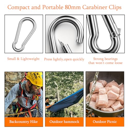 8 Stück Karabinerhaken Edelstahl, Schwerlast Karabiner Groß 8x80mm, Karabiner mit Federhaken für Camping, Klettern, Fitness, Hängematten und Outdoor-Aktivitäten