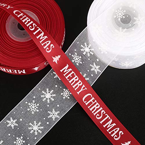 44m Nastro Natale Natalizio Decorazioni Natalizie Addobbi Natalizi per Regalo Etichette Artigianato Fiocchi di Neve Bianco Rosso