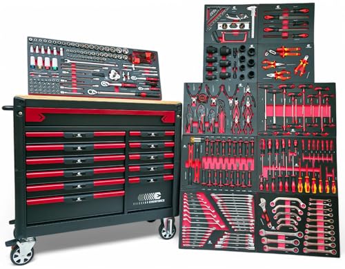 DeTec. Werkstattwagen bestückt mit Werkzeug | 12 Schubladen 11 gefüllt | Werkzeugwagen KFZ mit Holzarbeitsplatte | Werkzeugkasten mit Carbon Optik Einleger befüllt | Abschließbar und Feststellbremse