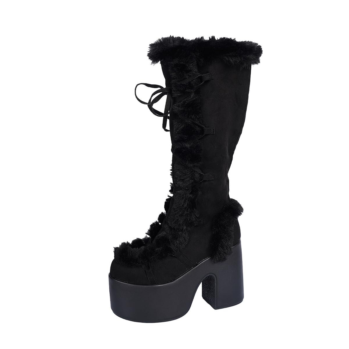 Womens Platform Knee High Boots Faux Fur Lace Up Side Zipper Chunky Heel Punk Goth Winter Warm Mid