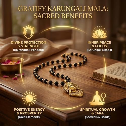 Image of Gratify Original Karungali Mala 54 Beads (7mm) for Men & Women | Authentic Black Ebony Wood Mala with Gold Plated Metal Caps | Spiritual Necklace for Meditation, Prayer, Energy Balance & Positive Vibes