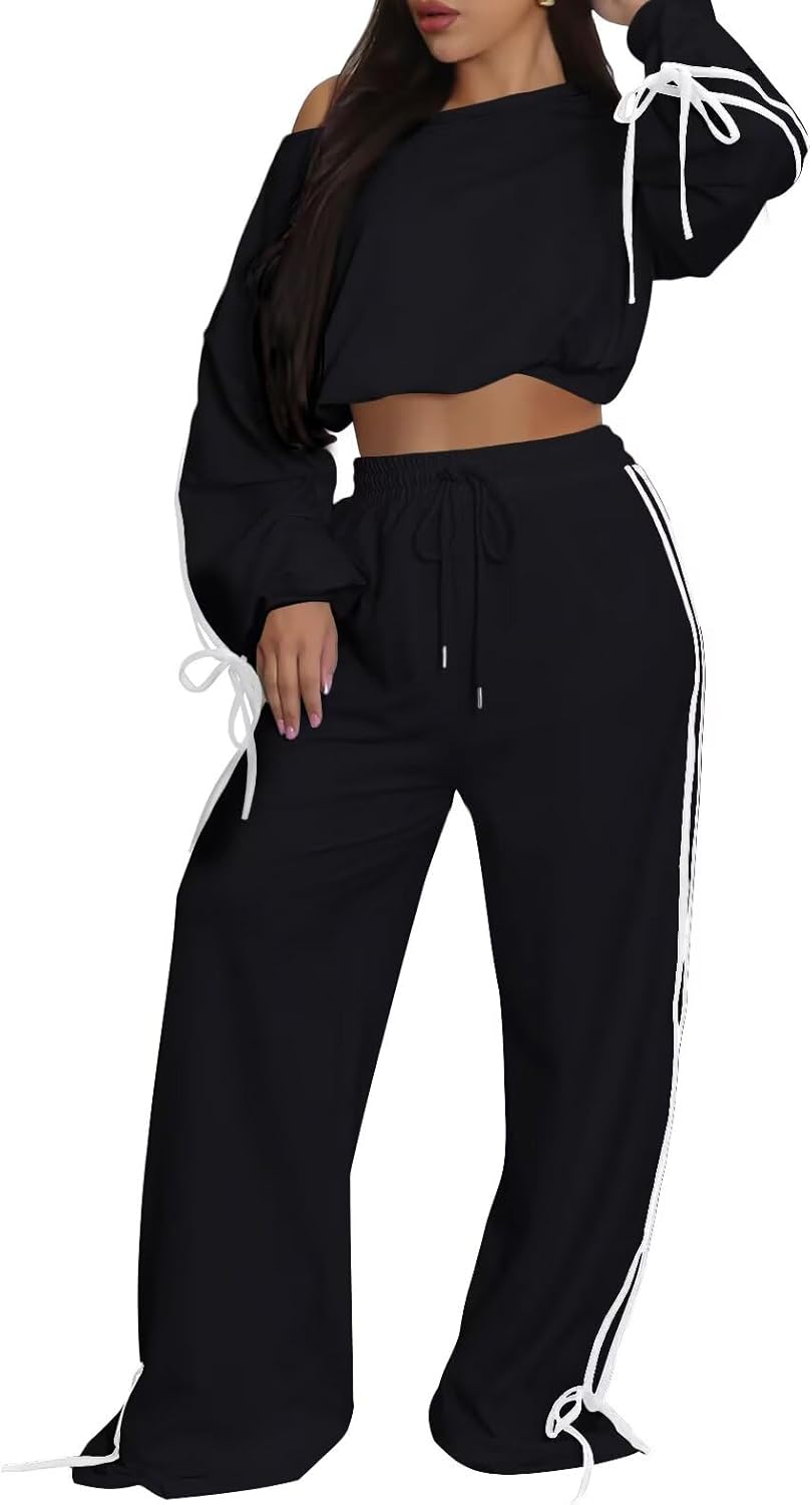 acelyn 2 Piece Outfits for Women Off Shoulder Jogging Sweatsuits Long Sleeve Crop Top Wide Leg Pants Matching Sets Tracksuit