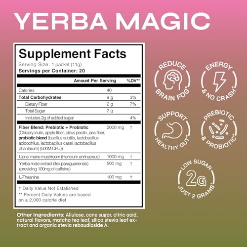 Yerba Magic Strawberry Matcha Instant Tea, 3-in-1 Super Drink - Clean Energy, Brain Fog Buster, and Gut Health Powered by Nootropics, Prebiotics and Probiotics | Yerba Mate 20 Stick Packs