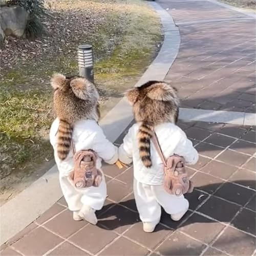 Raccoon Tail Fur Parent-Child Plush Hat,Thick Raccoon Tail Hat for Kids Adults,Cute Faux Fur Plush Winter Warm Beanie Cap4