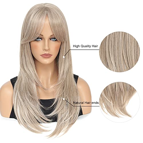 Ash Blonde Wig with Fringe Synthetic Mixed Blonde Wigs for Women Long Slight Curly Layered Wig for Daily and Party Wear - Image 2