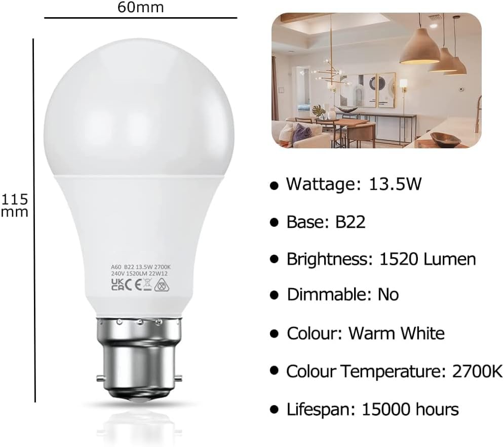Bayonet Light Bulbs 100W Equivalent, Warm White 2700K, 13.5W 1520LM Super Bright LED Bayonet Bulb, Daylight B22 LED Bulbs, BC GLS Energy Saving Lightbulbs Bayonette, Non-dimmable, Pack of 6 - Image 4