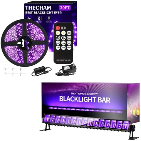 THECHAM IP66 Waterproof 42W LED Black Light Bar+20ft Black Lights Strip with Remote for Glow Party, Fluorescent Poster, Body Paint, Birthday, Halloween, Bedroom, Classroom Cover