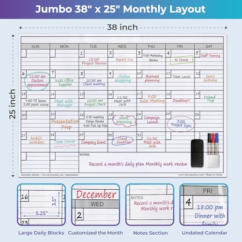 Image of Extra Large Magnetic Dry Erase Calendar for Wall, 25 inch x 38 inch Jumbo Monthly Whiteboard Calendar, Double-Sided Magnetic One Month Planner with Big Blocks, Reusable Wall Calendar for Office & Family
