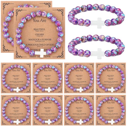 12 Pieces Cross Beaded Bracelet Bulk with Bible Card Christian Bracelets for Women Faith Religious Christian Gifts Natural Stone for Friend Baptism Communion