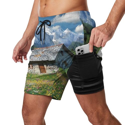 Mountain Cabin View Mens Swim Trunks Quick Dry Beach Board Shorts with Pockets2