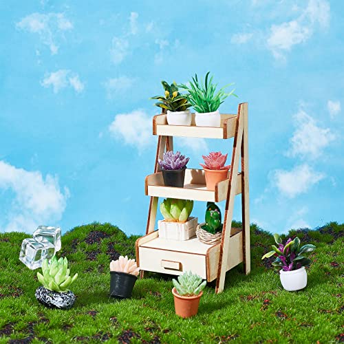 Pligreat 11 Pcs Miniature Potted Plants Set With Wooden Shelf, Mini Flowerpot Fake Greenery Ornament, Mini Plant Shelf Kit For Miniature Garden Cute Mini House Dollhouse Decor Fairy Garden Decoration #TOP6
