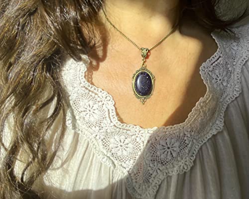 I.love.vintage Jewelry (London) Blue Goldstone Necklace Sparkling Gemstone Pendant Bronze Filigree Wrapped And Gift Boxed #TOP4
