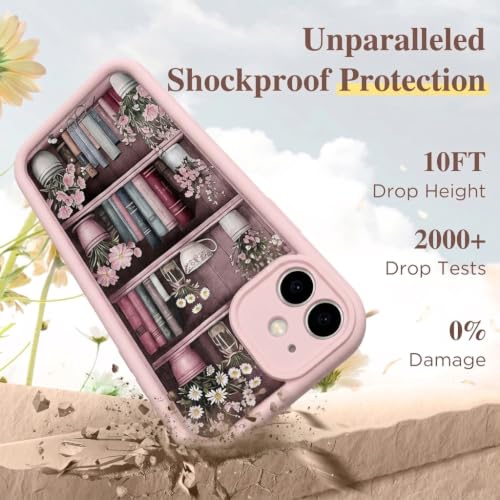 Image of VONZEE Cute Pink Book Shelf Back Cover for iPhone 13| Clear Shockproof TPU Protective Case | intage Library & Flower Shelf Pattern for Girls and Women