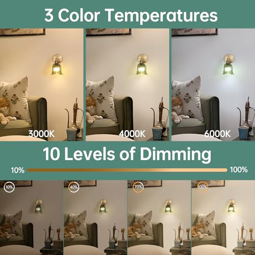 Image of Shenmoyl Vintage Battery Operated Wall Sconces Set of Two, Rechargeable Battery Powered Wall Sconces with Remote Control, Wireless Dimmable LED Light for Bedside Bathroom Living Room (Green Lily)