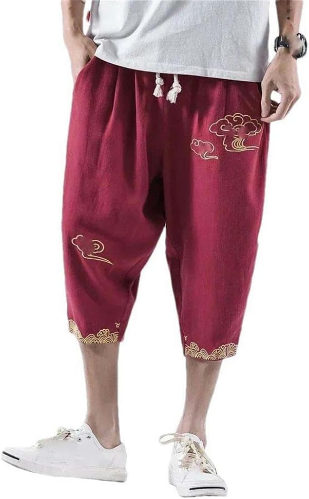 Summer Cropped Pants Men Vintage Harem Pants Chinese Style Embroidered Pants Solid Color Outdoor Men