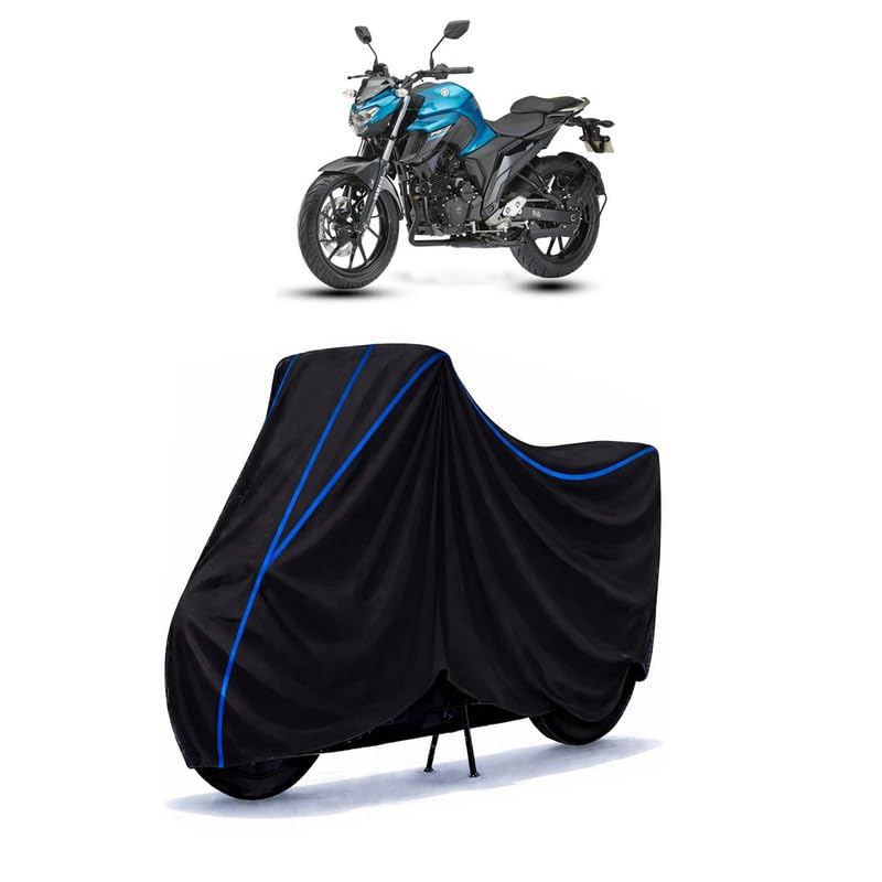Image of FZ 25 Bike Cover Water Resistant Universal Motorcycle Rain | Heavy Duty UV Protection, Dust, Scratch Indoor Outdoor All Weather with Black Blue Piping Elastic
