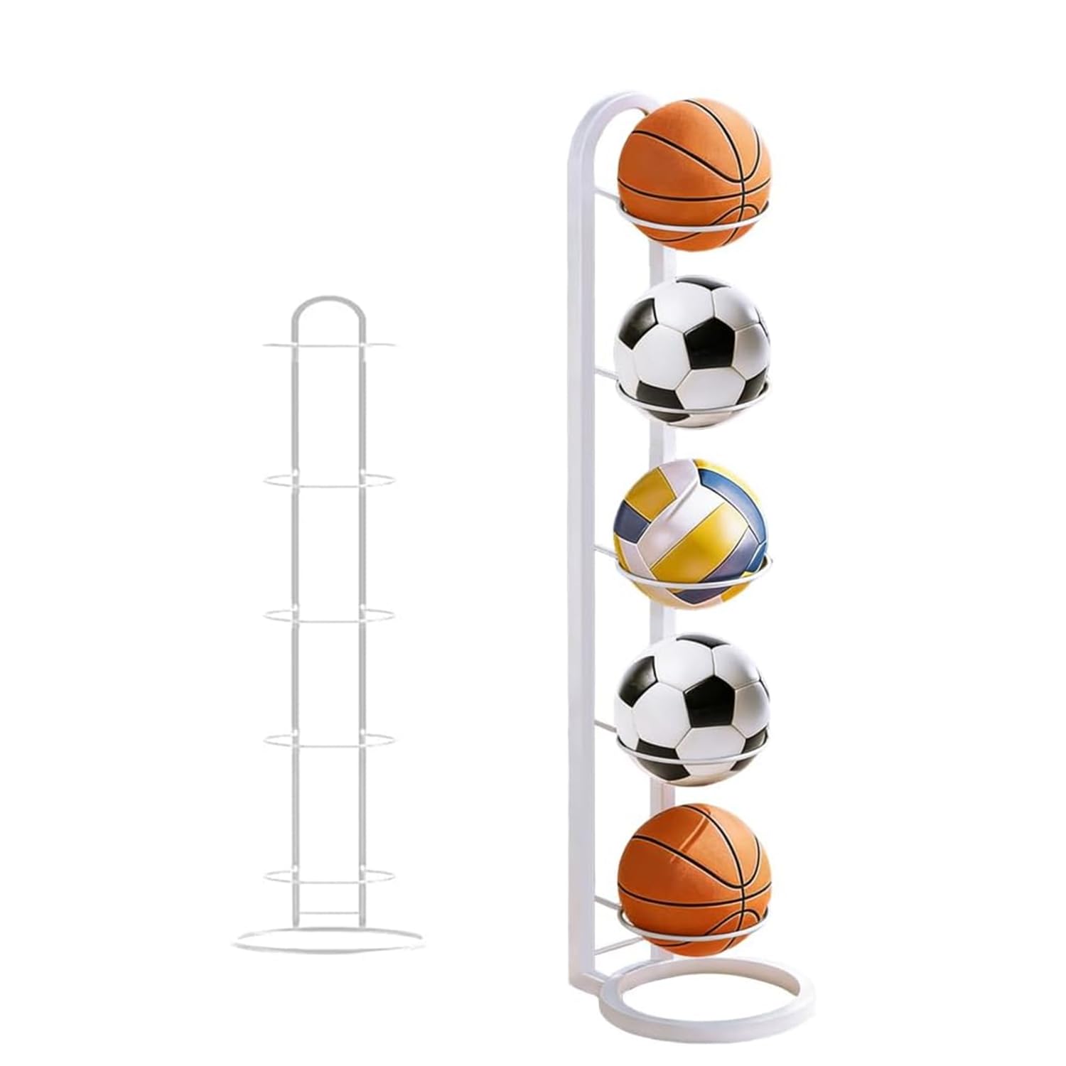 Senaire Football Stand, Metal Vertical Ball Stand Organizer Holder for Basketball Football Soccer Volleyball Rugby, Space-Saving Removable Ball Storage Rack for Garage, Bedroom, Gym (White, 5 Tier)