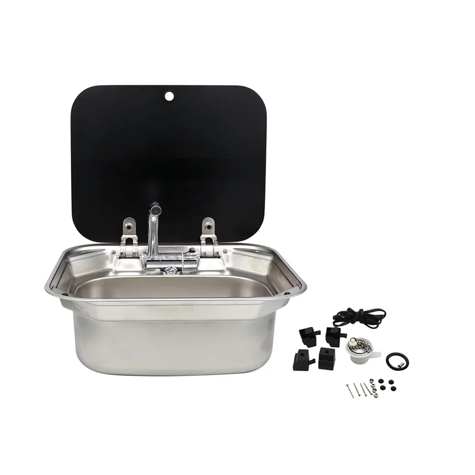 Umywalka wpuszczana w ścianę RV 304 ze stali nierdzewnej z pokrywą, zlew ze składanym kranem do kampera, przyczepy kempingowej, łodzi, kampera, baru(With Curved drain)