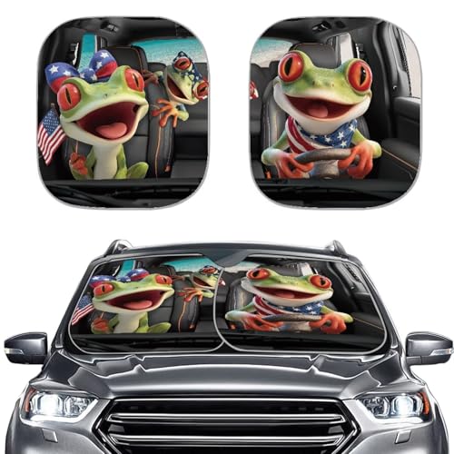 Image of Frog Driving Car Windshield Sun Shade Independence Day Front Windshield Shade for Sun 2-Piece Independence Day Foldable Car Windshield Sun Shade Automotive Protector