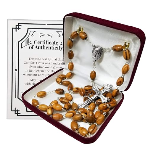 Holy Land Olive Wood Catholic Rosary from Israel, Oval Medal with Virgin Mary and Infant Jesus with Embedded Jerusalem Soil, Dangling Crucifix Cross Pendant, For Men & Women, Rosario Católico
