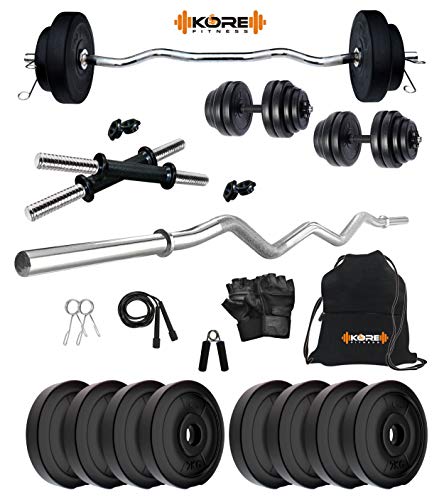Kore PVC 16 Kg Home Gym Set with One 3 Ft Curl and One Pair Dumbbell Rods with Gym Accessories Kore PVC 16 Kg Home Gym Set with One 3 Ft Curl and One Pair Dumbbell Rods with Gym Accessories