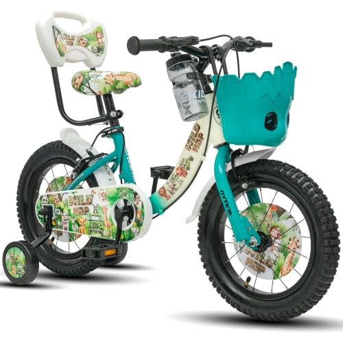 Image of WildHop 14T Kids Bicycle with Training Wheels, Backrest Seat, Basket & Safety Features for Toddlers (Cream Green, 14T)