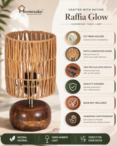 Image of Homesake Natural Weave Rope Table Lamp | Handcrafted Boho Bedside Light with Wooden Base | Warm Ambient for Night Lamp, Bedroom, Living Room, Study, Kids Room, Livra Home Decor, Ovolo (Beige, Cross)