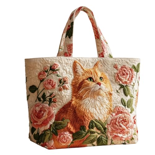 KUNYOS Sac fourre-tout matelassé léger pliable motif chat mignons, fait main artisanal spacieux réutilisable. Idéal sorties, randonnées, quotidien et cadeau pour amis (I,Horiz.M(15,0"×3,9"×13,8"))
