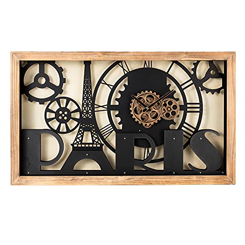 Glitzhome Industrial Metal Gear Wall Art Clock, Wood Eiffel Tower Silhouette Silent Vintage Decor for Living Room Hotel Office Home(without Glass), Black