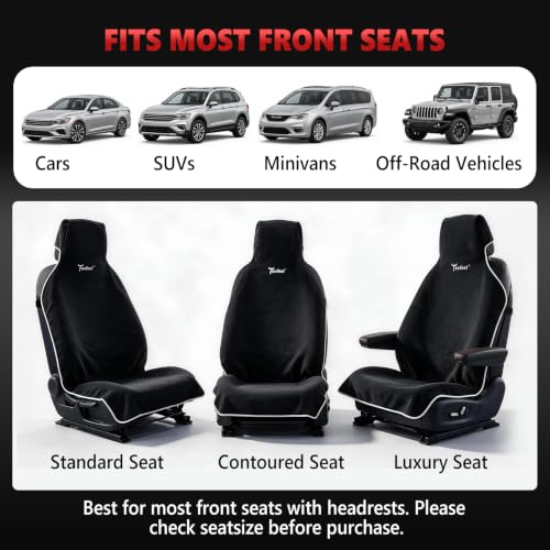 TESFEEL Waterproof Car Seat Cover Towel, Front Seats, Black, 2 Pack | 410 GSM absorbent terry, non-slip backing, machine washable, for gym sweat, damp clothing and outdoor activities - image 5