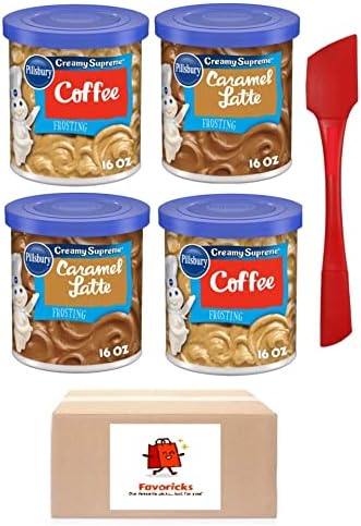 Pillsbury Coffee and Caramel Latte Flavor Creamy Supreme Frosting Icing Set Includes 2 Cans of Each Flavor Plus Silicon Scraper Packaged by Favoricks