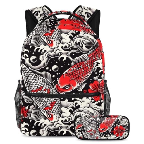 Sac à dos Art Fish Tatouage japonais avec trousse, cadeau de rentrée enfant