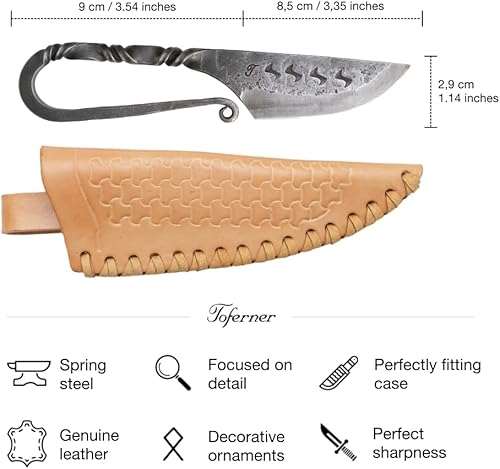 Miniatura 4 de Toferner Cuchillo de bolsillo celta, cuchillo forjado a mano con funda de cuero, hoja endurecida, vintage, colección de arte antiguo, idea de regalo