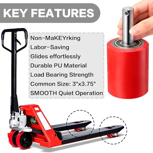 Image of Heavy Duty Pallet Jack Load Wheels Replacement Kit 3 inchx3.75 inch (Red,3 Pair) | Including PU Tread Wheel,Pre-Installed Bearings ID 20mm,Axles(Length 4.8 inch) & Pins, Also for Manual Hand Lift Truck Rear
