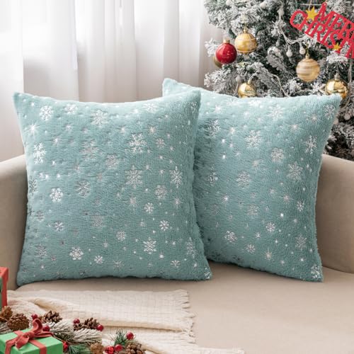 MIULEE Christmas Decorations Pillow Covers 20x20 Aqua Silver Snowflake