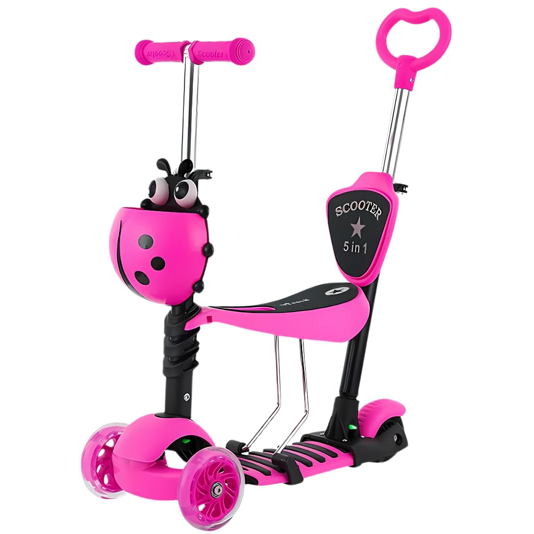 Trendi® 5-in-1 Kids Scooter – Toddler Kick Scooter with LED Light-Up Wheels | 3-Wheels with Adjustable Handlebar, Removable Seat & Push Handle for Boys & Girls (Pink) 3+