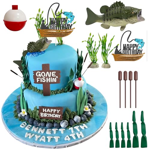 Gone Fishing Happy Birthday Cake Topper, 17Pcs Fisherman Themed Decoration for Retirement Party Supplies (Gone Fishing Cake Topper)
