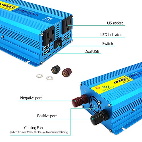 LVYUAN 1000W Pure Sine Wave Power Inverter 12V to 110V DC to AC Converter with Dual USB Ports and Dual AC Outlets for Car, RV, Truck, Home Solar System Blue