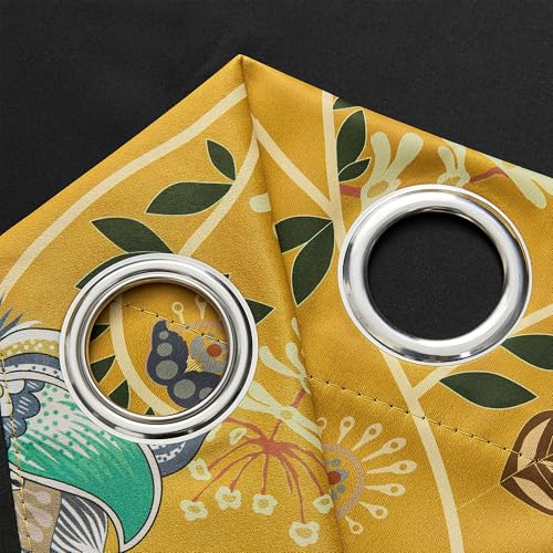 Image of Mustard Yellow Vintage Floral Patterned Blackout Curtains 108 Inches Long