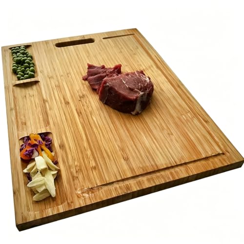 NIUXX Organic Bamboo Cutting Board for Kitchen: Reversible Chopping Tray with 3 Built-in Compartments & Juice Grooves - Large 43x32x2 cm Charcuterie Block with Handle for Meats Vegetable Bread Fruits