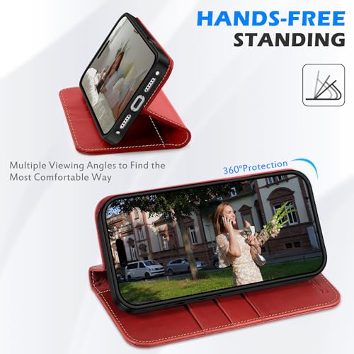 SHIELDON Real Leather Wallet Case for iPhone 17 Pro Max 6.9-inch, RFID Blocking | Card Holder | Folio Cover | Kickstand Function | Shockproof Full Protection Phone Cover - Retro Red by SHIELDON - Image 5