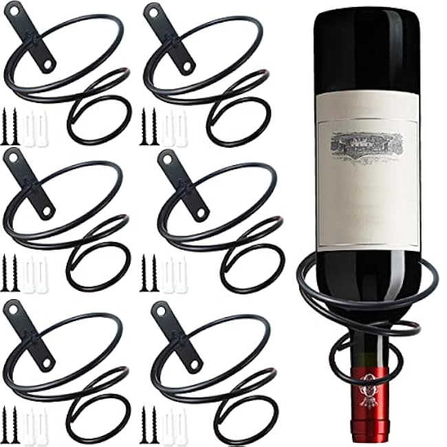 NSBELL 6PCS Spiral Wall Mounted Wine Rack, Metal Bottle Display Holder for Storage and Theme Decor, Black