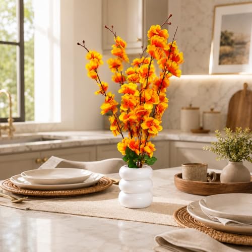 Image of Artificial Yellow Cherry Blossom Flower Plant with White Ceramic Pot | Realistic Faux Floral Arrangement for Home Decor, Living Room, Bedroom, Office Desk