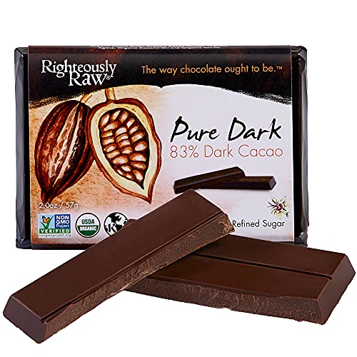 83% Pure Dark Chocolate - Righteously Raw Chocolate Bars! Made with Pure Organic Dark Chocolate! Vegan, Kosher, Gluten-Free, Non-GMO, Dairy, Soy Free & No Refined Sugars with ( 6 bars included! )