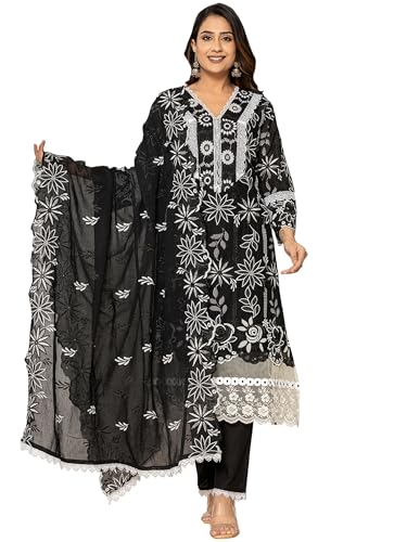 Image of INDO ERA Women's Pure Cotton Embroidered Straight Kurta And Pant With Dupatta Set (Kh0Bk6063)