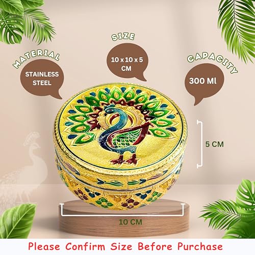 Image of NAVRANG Stainless Steel Container Box Meenakari Storage Box /Chapati Box /Roti Dabba Peacock Design (Pack of 2, Golden)