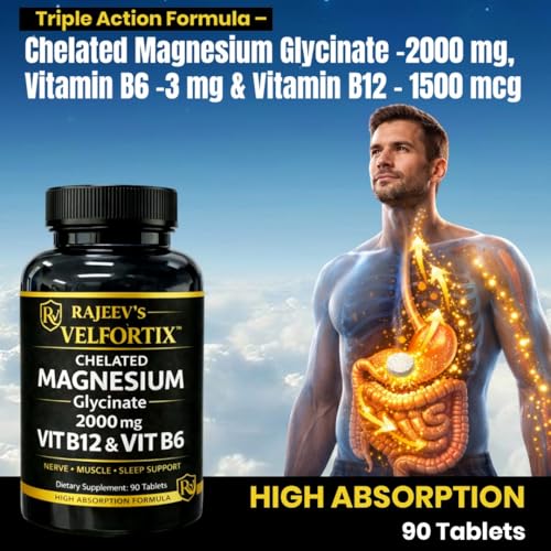 Image of Rajeev's Velfortix Chelated Magnesium Glycinate 2000 mg with Vitamin B12 & B6 | High Absorption Formula | Nerve, Muscle & Sleep Support | 90 Tablets