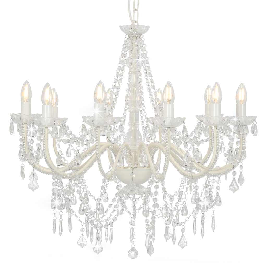 vidaXL Chandelier with Crystal Beads 12x E14 Bulbs Metal Frame Acrylic Beads Stunning Ceiling Lamp Pendant Light Hallway Living Room White