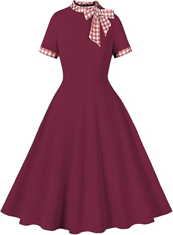 Vintage Audrey Dress for Women 1950s Tie Neck Retro Rockabilly Prom Party Short Sleeve Cocktail Swing A-Line Dresses